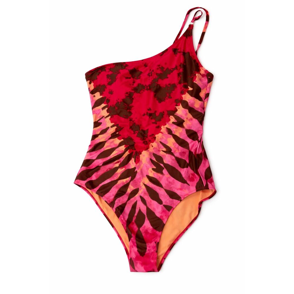 Aerie Pink Abstract One Shoulder One Piece Swimsuit L‎ Resort Tropical Statement